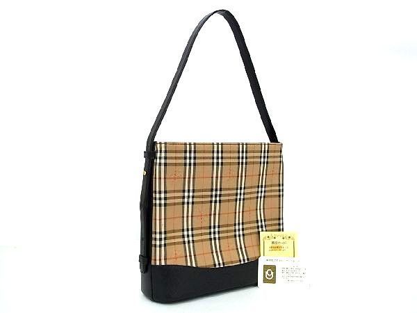 ■極美品■ BURBERRY バーバリー ノバチェック キャンバス×レザー ワンショルダー ハンドバッグ 肩掛け ベージュ系×ブラック系 AR7496