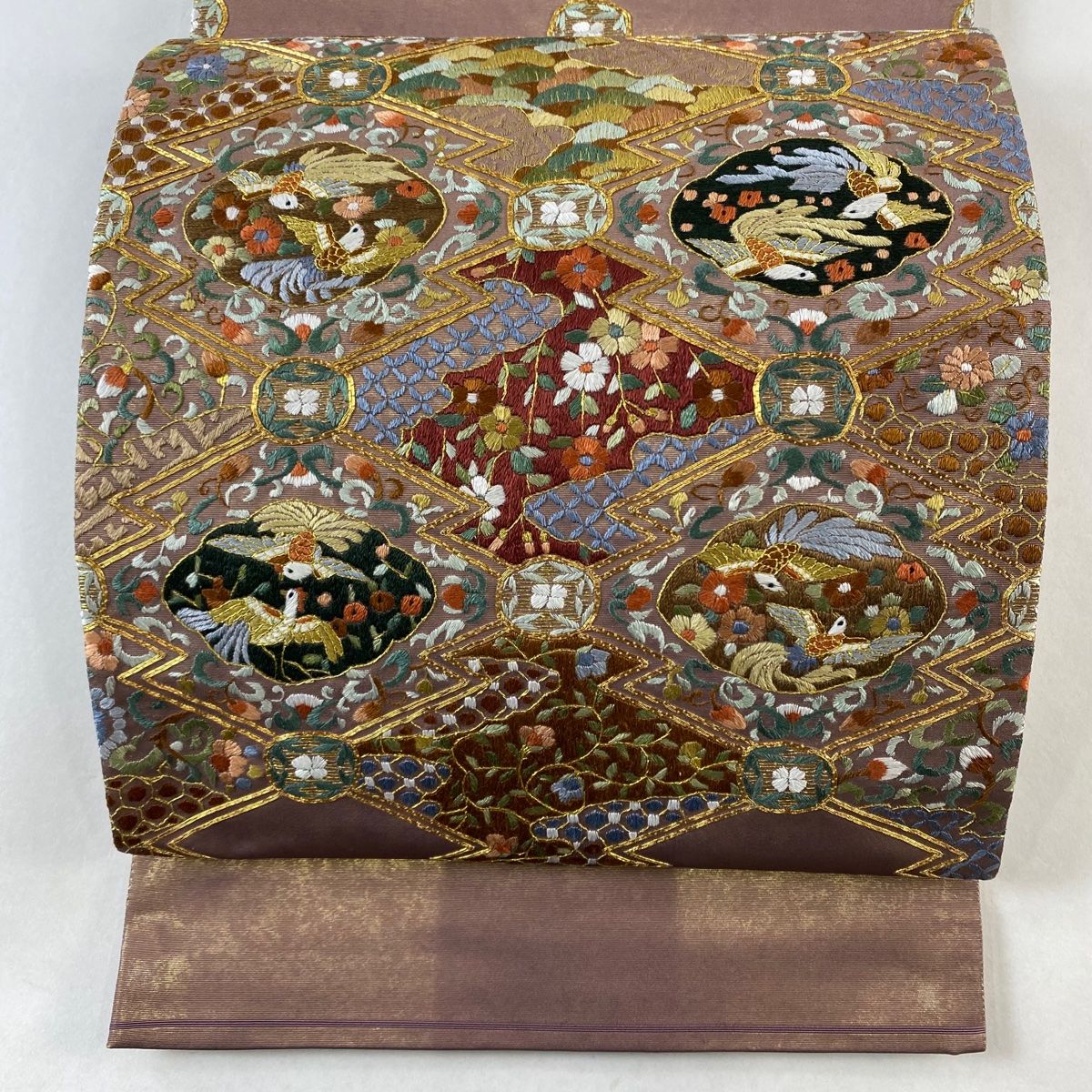 袋帯 名品 関西仕立て 草花 鳥 刺繍 金糸 小豆色 お太鼓柄 正絹
