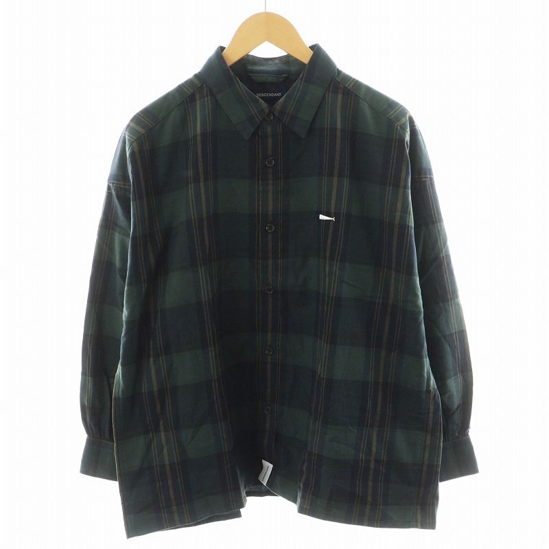 ディセンダント DESCENDANT GORDIE PLAID LS SHIRT シャツ 長袖 チェック柄 刺繍 コットン 1 緑 グリーン 紺 ネイビー |AN23
