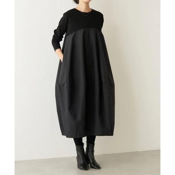 ワンピース40代 2025春 長袖 切り替え コクーン ワンピースロング 黒ワンピース ゆったり 体型カバー カジュアル TEY6934