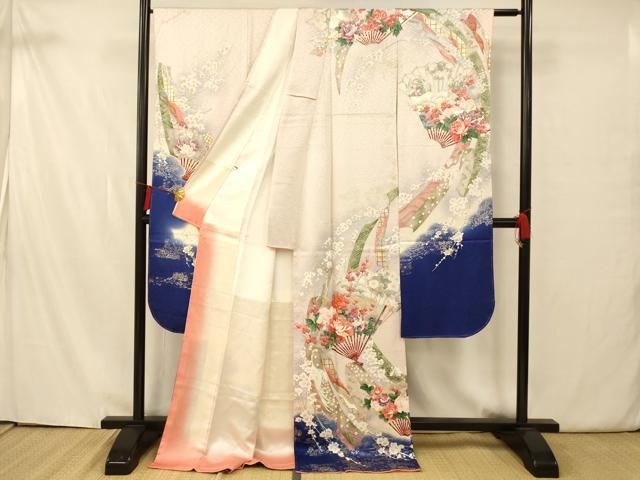 豪華振袖 裄67.5 扇子に花 美しい染め 正絹 T-400 平和屋着物□豪華振袖 扇子草花文 暈し染め 金彩 正絹 逸品