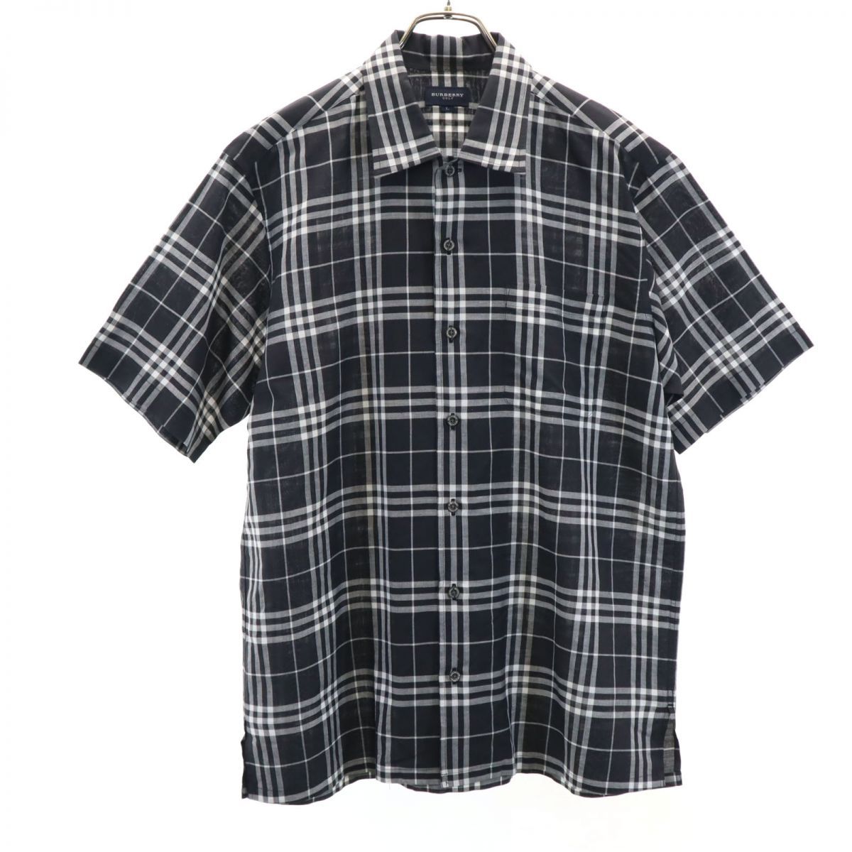 バーバリー ゴルフ 三陽商会 日本製 リネンブレンド チェック柄r ゴルフ 半袖 シャツ L 黒系 BURBERRY GOLF メンズ 古着 【240322】 メール便可