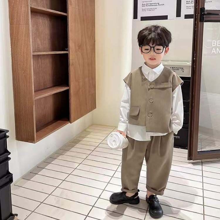 キッズスーツ 5点セット ベスト シャツ ズボン 蝶ネクタイ コサージュ フォーマル 子供 スーツ 長袖 子供服 無地 男の子 スーツセット 子供服 入学式 卒園式 ] キッズスーツ 男の子 フォーマル ベビー スーツ 3点セット