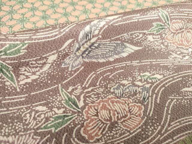 平和屋着物●訪問着　作家物　型染　道長舞蝶花文　笹蔓緞子　鬼しぼ縮緬　正絹　逸品　DAAV6364ps 平和屋着物○訪問着 作家物 型染 道長舞蝶花文 笹蔓緞子 鬼しぼ縮緬