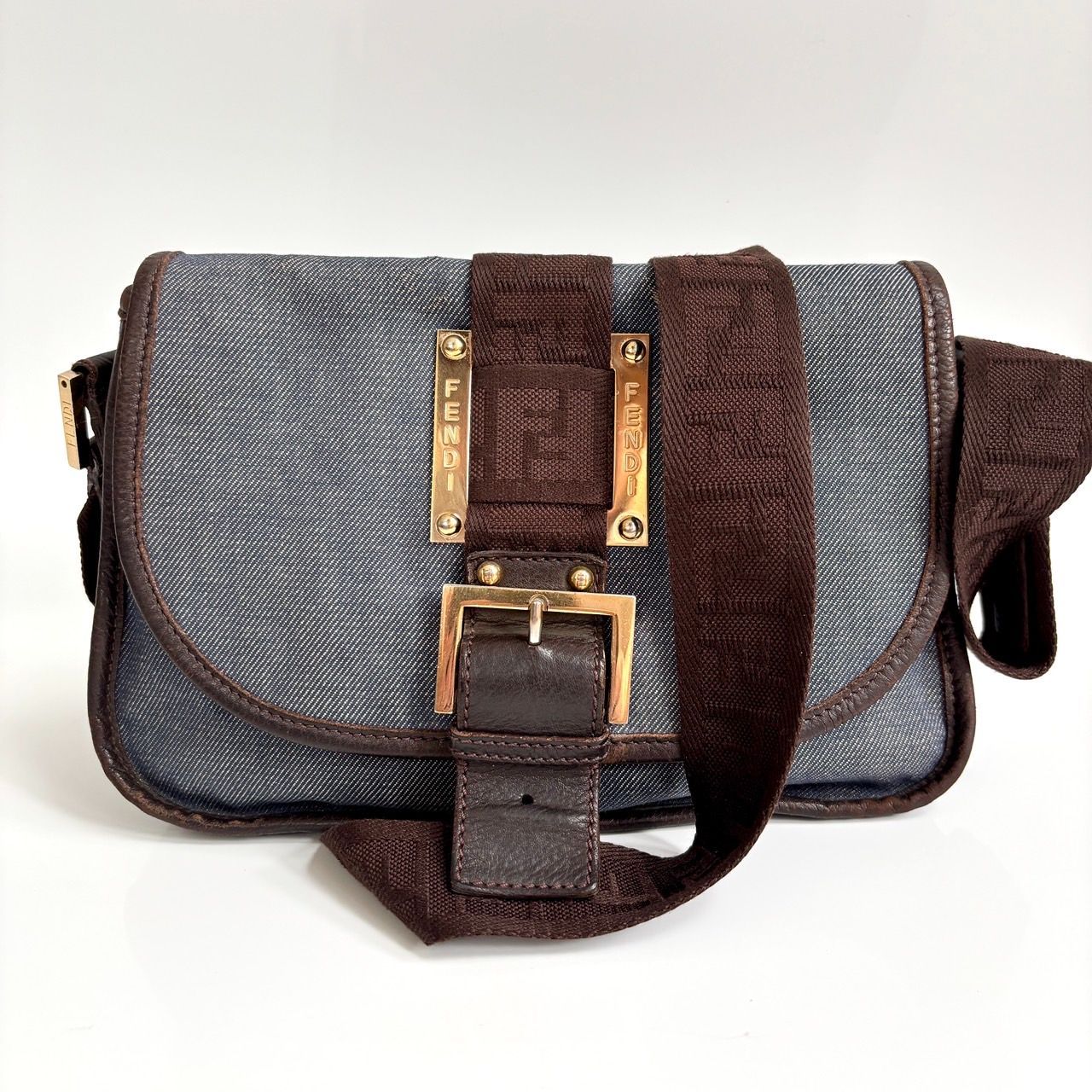 FENDI フェンディ デニム ショルダーバッグ ロゴ ストラップ FF