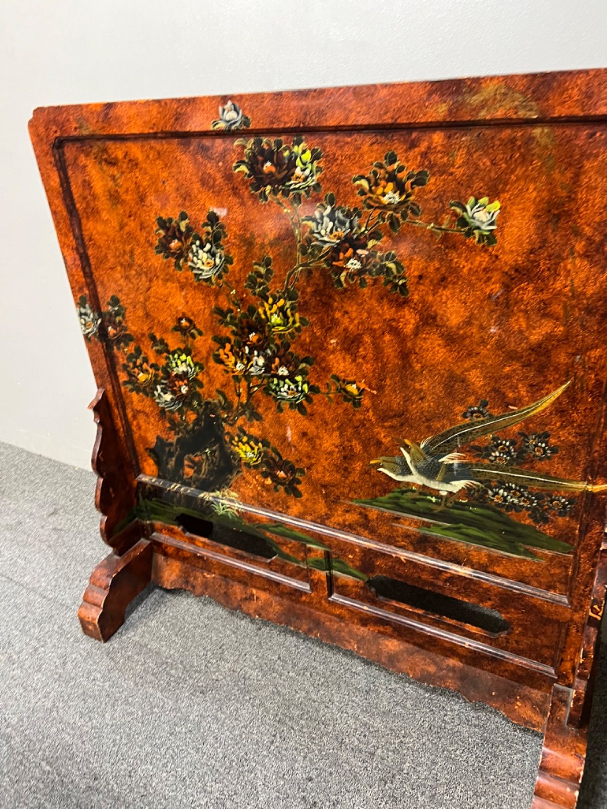 中国美術 衝立 花鳥画 両面 唐木 花梨 雀 時代 仕切り 工芸品 細工