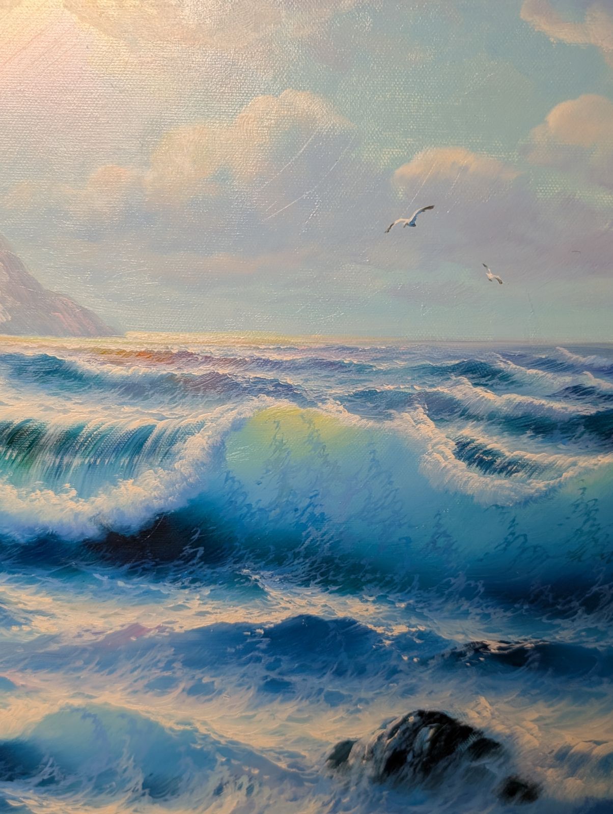 海 波 油彩 サイン有り 10号キャンバスのみ F10 かもめ 灯台 星降る海