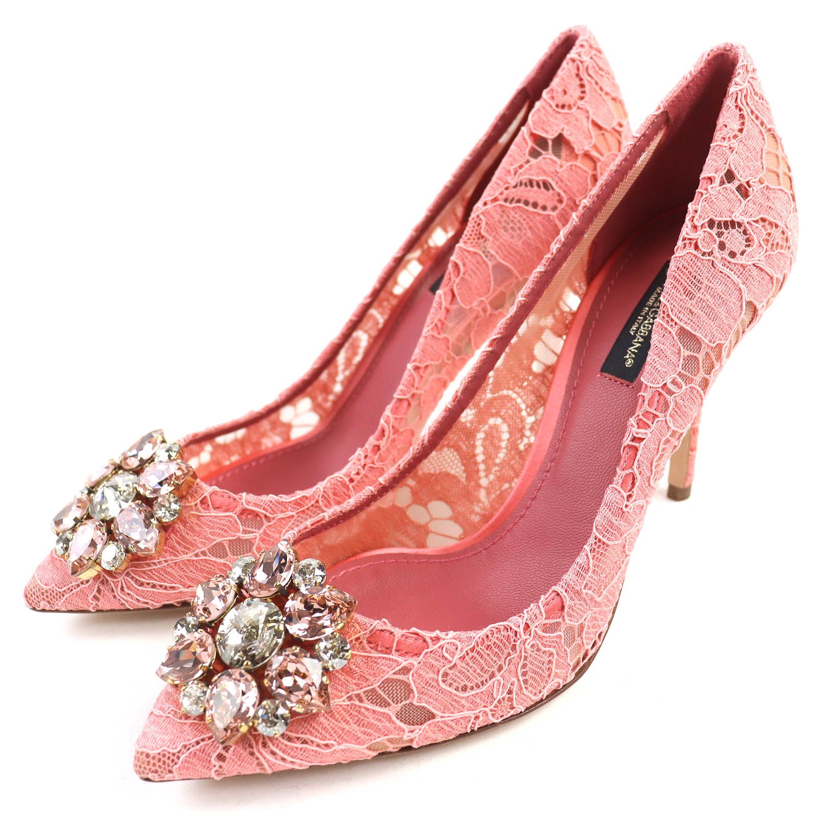 ♥品△DOLCE-GABBANA ドルチェ＆ガッバーナ タオルミナレース クリスタルビジュー付き ポインテッドトゥ パンプス ピンク 37.5 保存袋付き イタリア製 レディース 定価156 200円