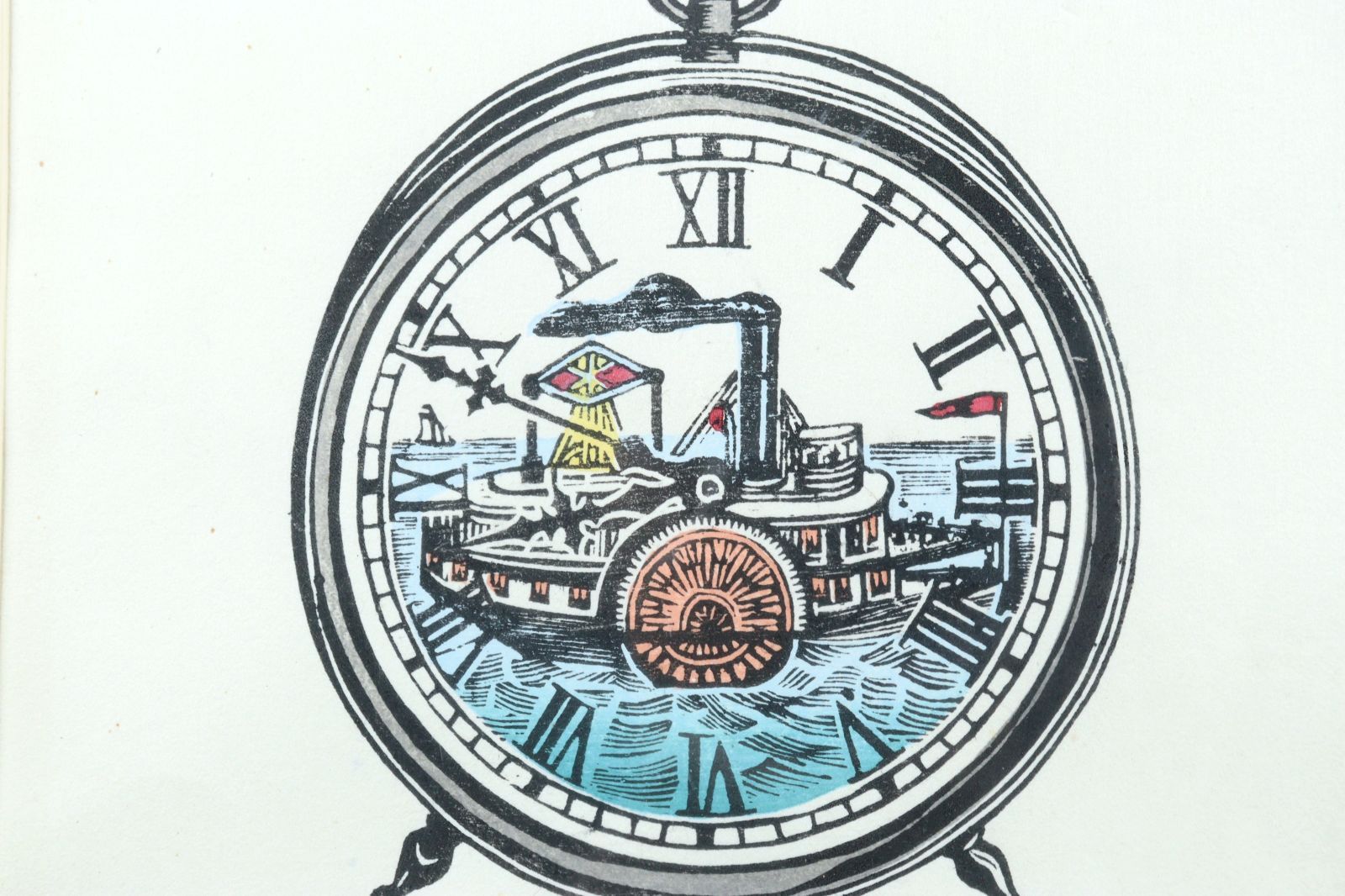 川上澄生 「蒸気船の時計図」木版画 120部限定 手彩 唐物 骨董 古美術