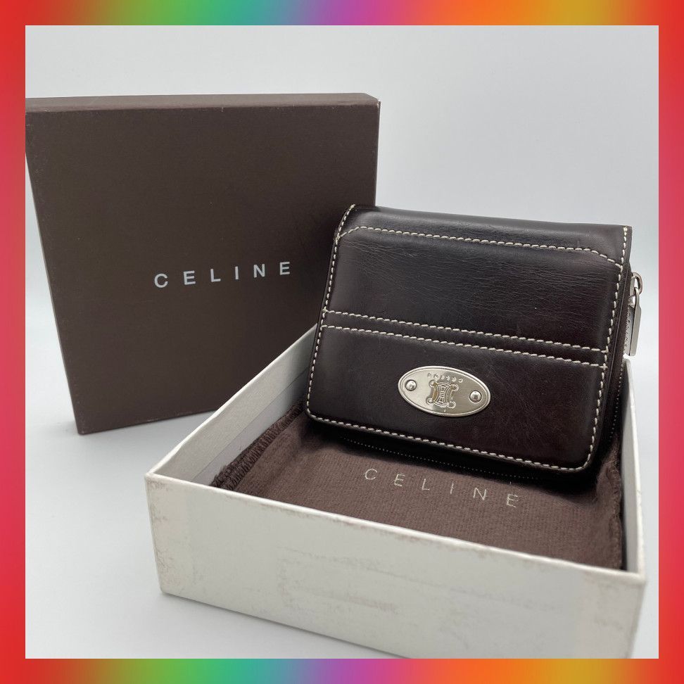 CELINE セリーヌ 折り 財布 トリオンフ ステッチ ウォレット ダーク ブラウン ロゴ 刻印 プレート 付