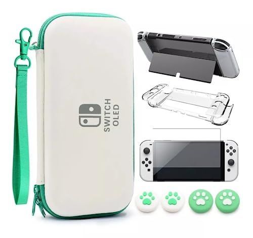 Green Switch OLED 収納 保護ケースポータブル，リモートセンシングキャップ強化フィルム搭載，Switch Oled 収納ケース【大容量・全面保護】衝撃吸収 防汚防水 Switch Oled 収納バッグ スイッチ キャ