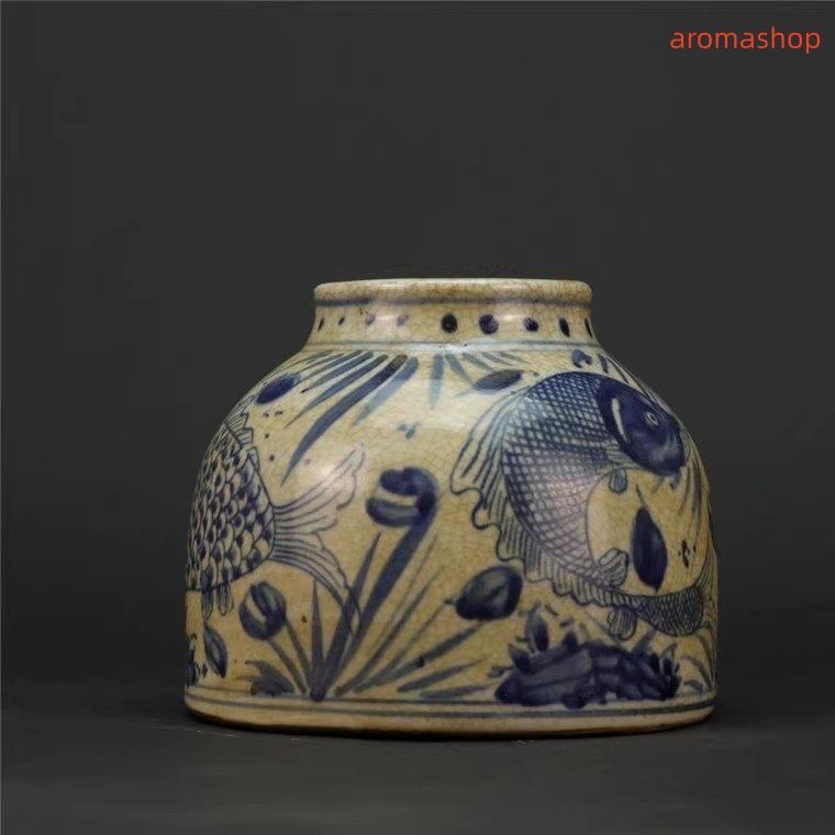 送料無料 景徳鎮 馬蹄缶 缶 青花 魚柄 手描き 磁器 陶磁器 観賞