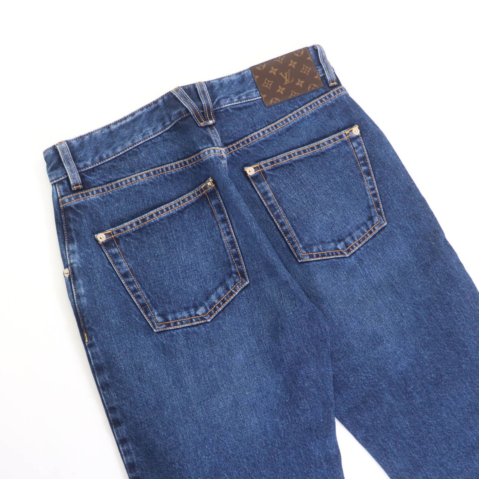 LOUIS VUITTON ルイヴィトン 24AW コットン100％ モノグラムレザーパッチ付 カットオフ デニムパンツ インディゴ 36 き イタリア製 レディース DECORATOM_COM_BR