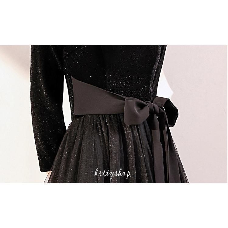 イブニングドレス 黒 ベロア ベルベット ロングドレス ブラック 紗