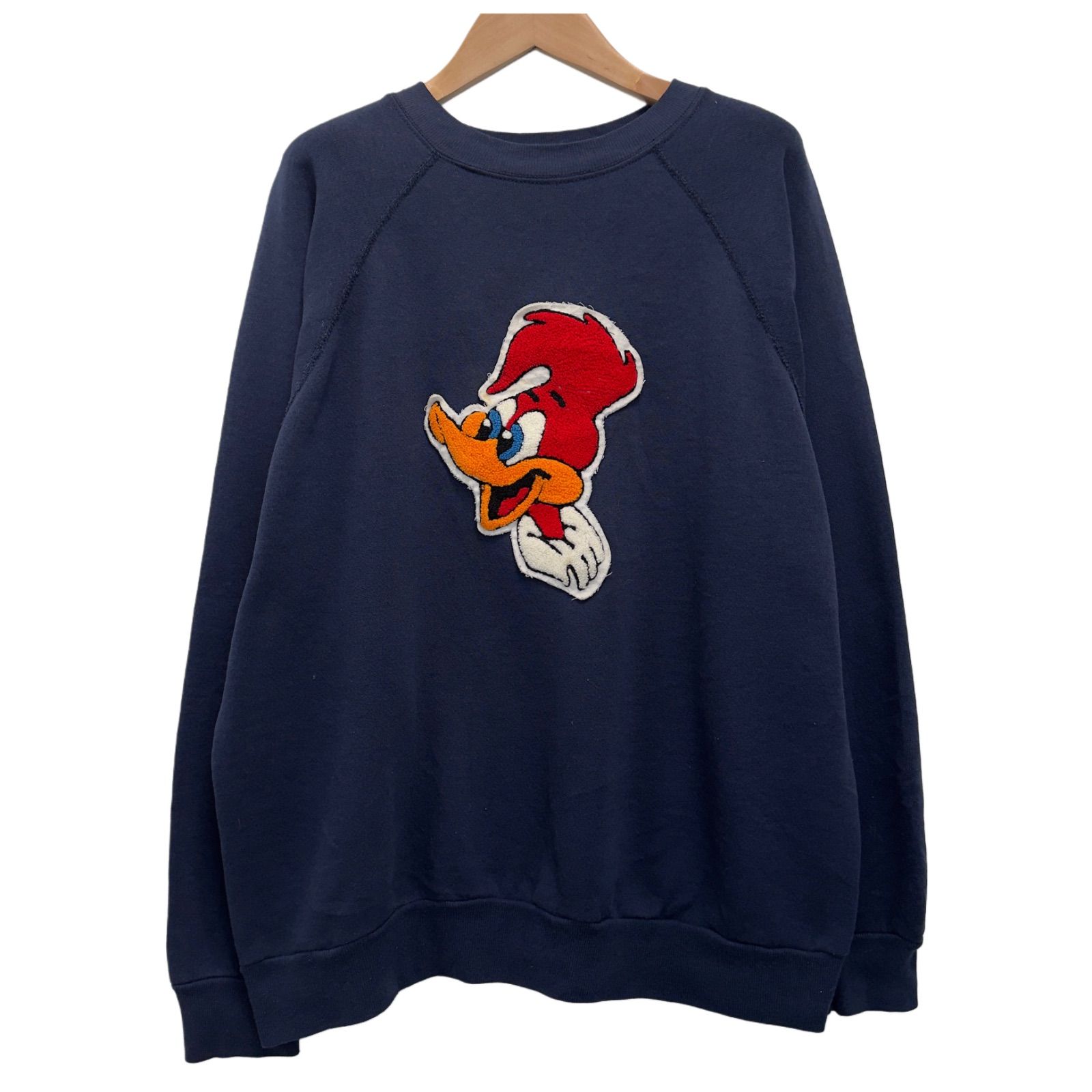ビンテージ 80s USA製 ウッドペッカー スウェット Lサイズ BOG sport By TULTEX ウッディー・ウッドペッカー Woody Woodpecker キャラクター ネイビー 紺 ワッペン Made in USA ラグラン 古着 E3020