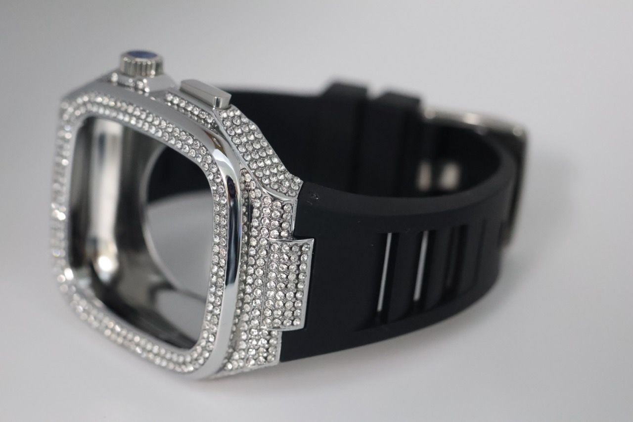 アップルウォッチラバーバンド_ キラキラ Apple Watchカバーケース ベルト ブラック 44mm 45mm 対応