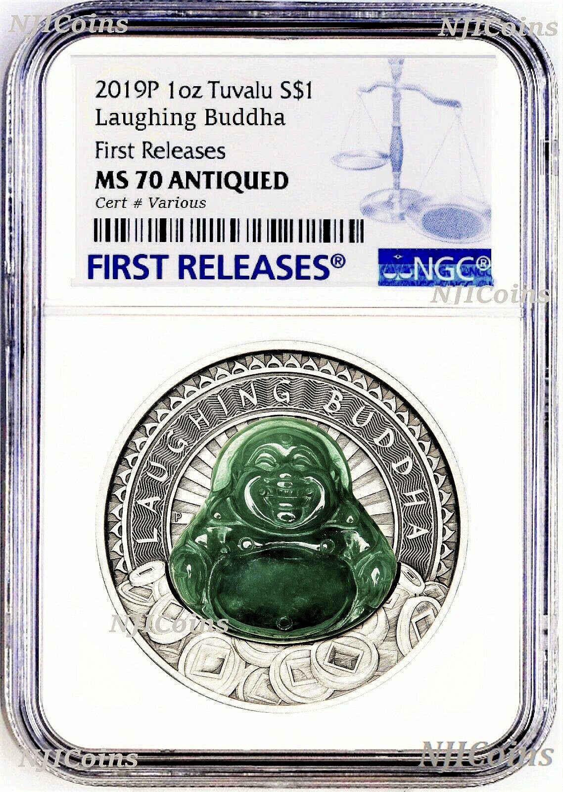 DARK GREEN Emerald Like 2019 Laughing Buddha 1oz Silver $1 COIN NGC MS70 Jade