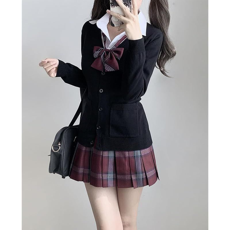 KALAOK スクールニット 女子 学生 制服 ニット Vネック 通学用 無地 高校生 ゆったり 春夏秋冬 black L 1