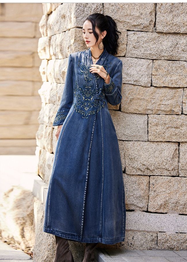 古着 ビンテージ 70s サーカス 魔女 ロングコート ビーズ 刺繍 フリンジ 春 レディースアウター コート デニムコート レディースジャケット