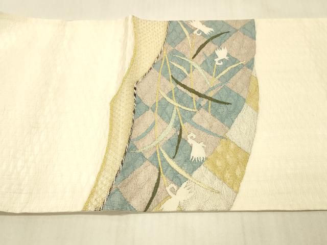 平和屋着物＊夏物　太鼓柄　本袋帯　流水草花文　金銀糸　正絹　逸品　DABC8272cm 平和屋着物＊夏物 太鼓柄袋帯 駒刺繍 総刺繍 草葉文 銀糸 正絹 逸品