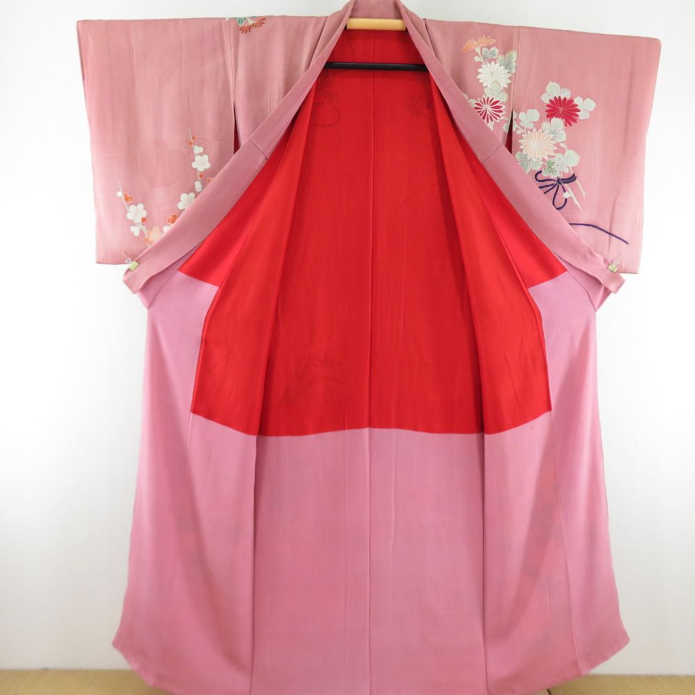 訪問着 アンティーク 菊に牡丹文様 袷 バチ衿 紋なし 正絹 箔 刺繍 桃