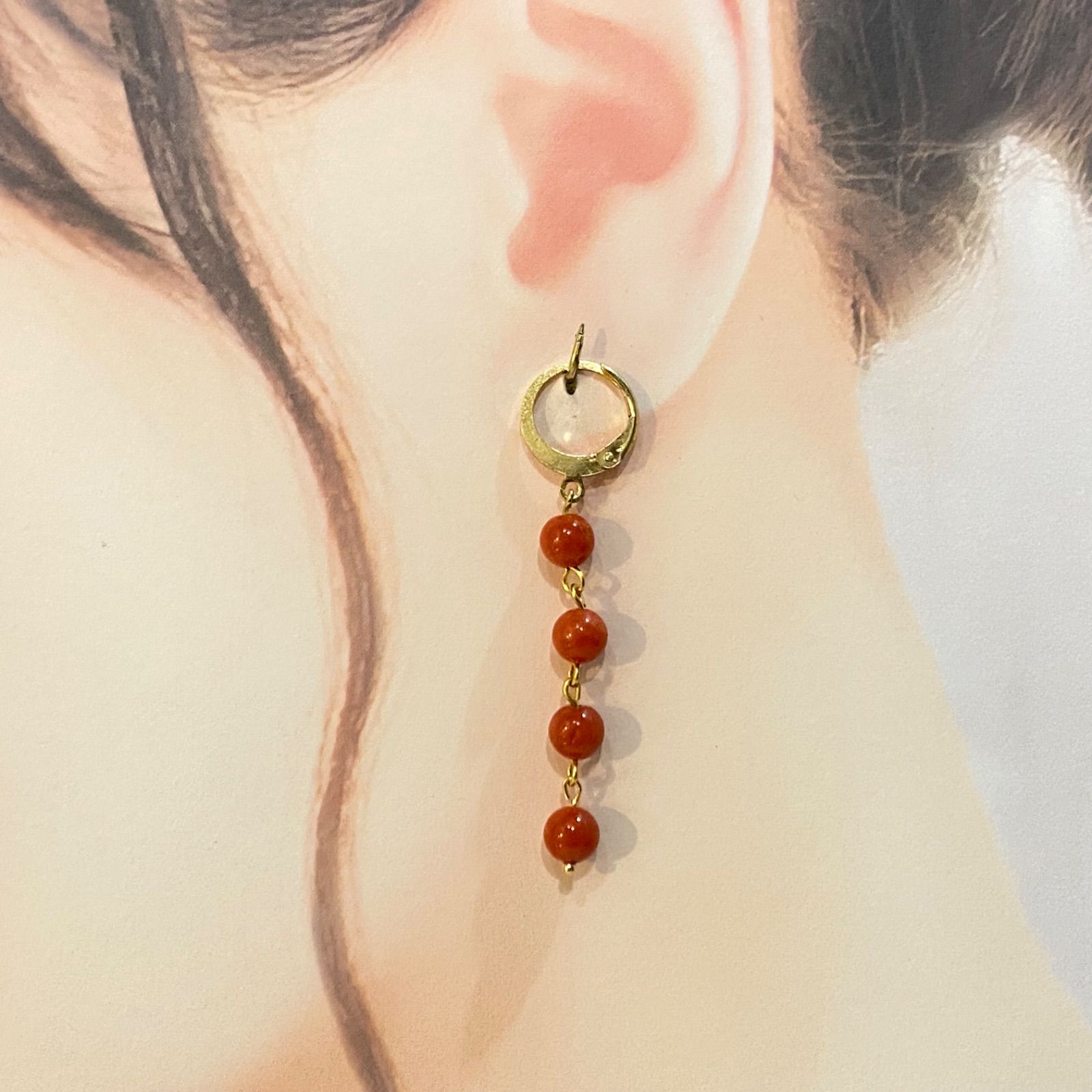 天然赤珊瑚×4粒 ロングピアス（サージカルステンレスフック