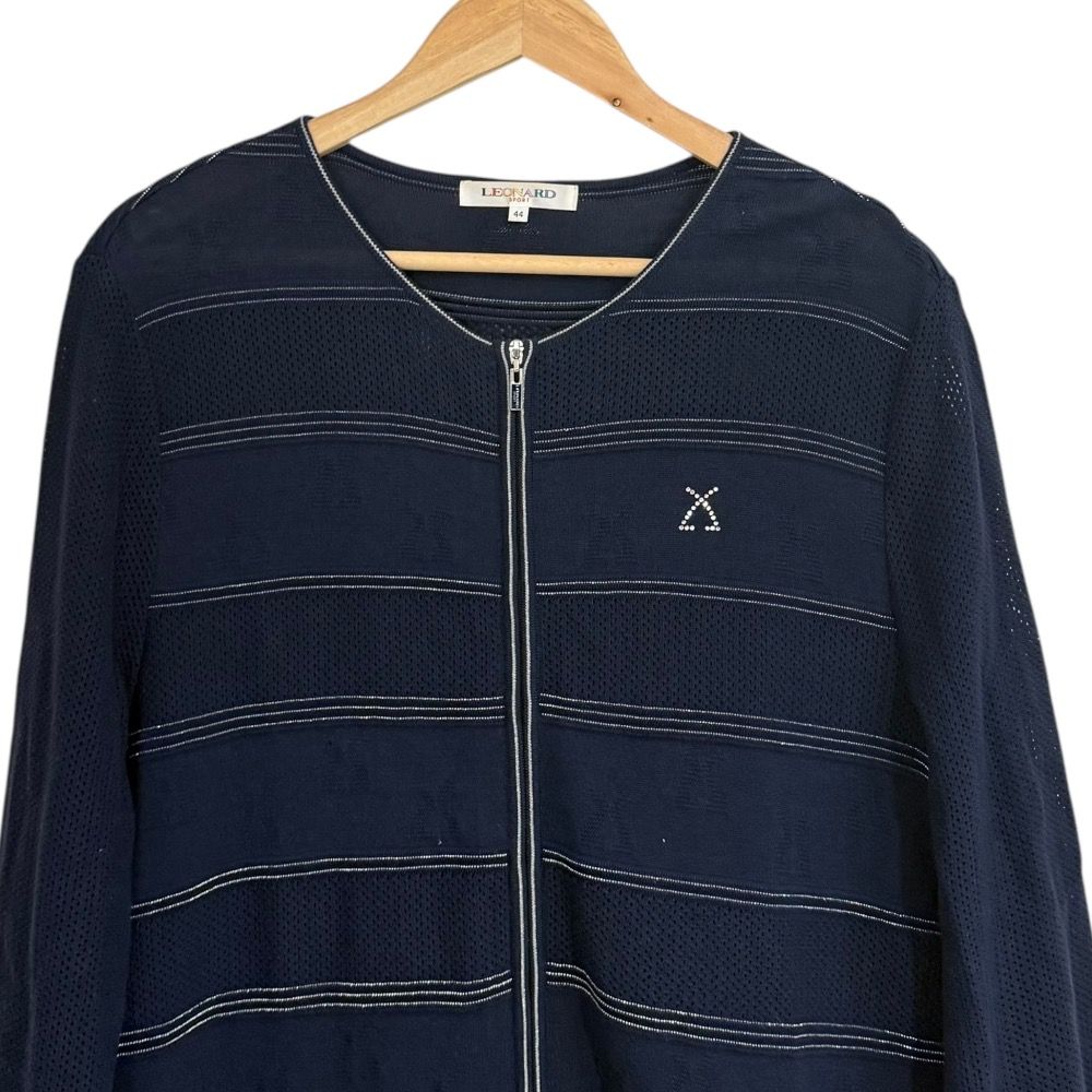 癒し LEONARD SPORT レオナールスポーツ フラワープリントトリム ジップアップ ニット ノーカラーコート 44 ネイビー レディース 古着 昴ぶる