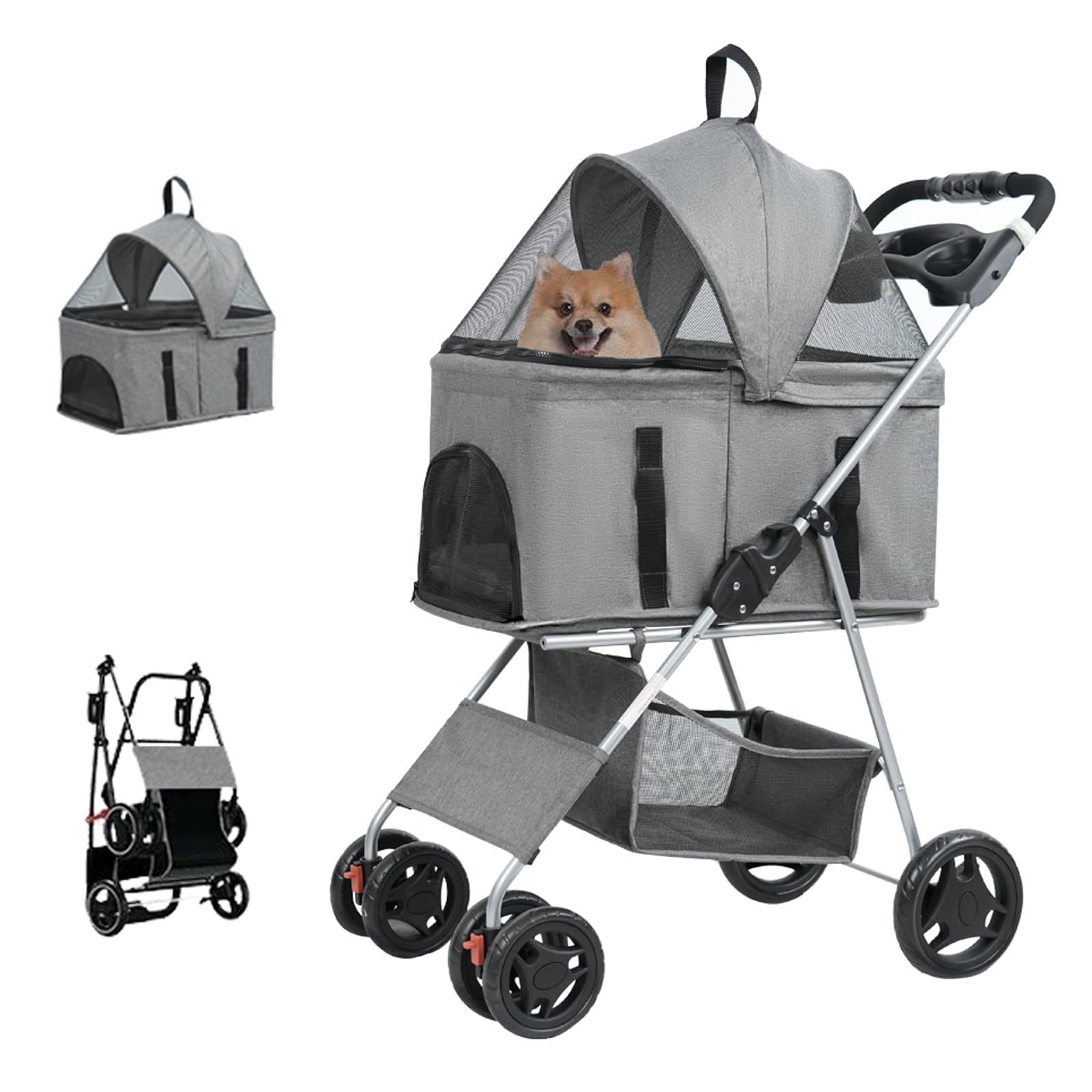 後輪ブレーキ付き 犬カートキャリバッグ 前輪360°回転 耐荷重25KG ペット用 小型犬 中型犬 介護 多頭 折りたたみ お出かけ 3way 4輪ペットカート 旅行 対面式 分離型 グレー ペットカート ZOOBLY