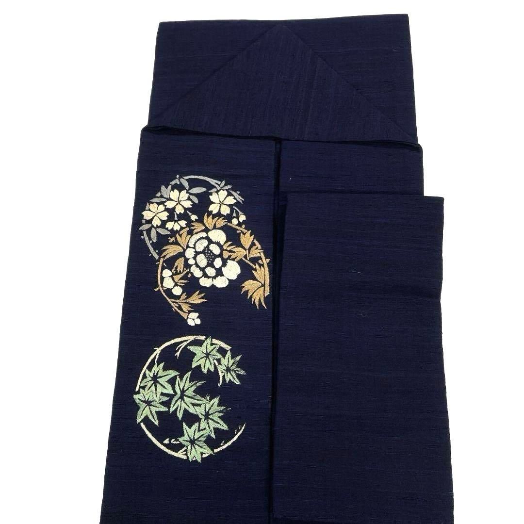 アンティーク 名古屋帯 藍染 金駒刺繍 刺繍 花紋 楓 牡丹 着物