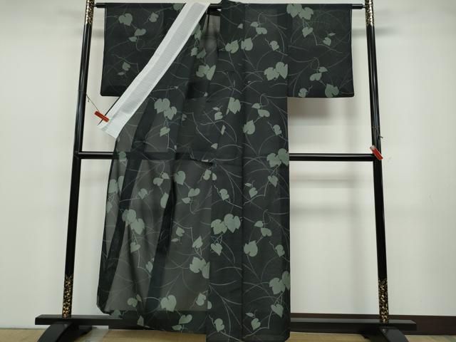 平和屋着物●小紋　更紗花唐草文　黒地　洗える着物　未使用　AABD9996cs 平和屋着物＊夏物 小紋 紗 唐草文 黒地 洗える着物 CAAU4513ut