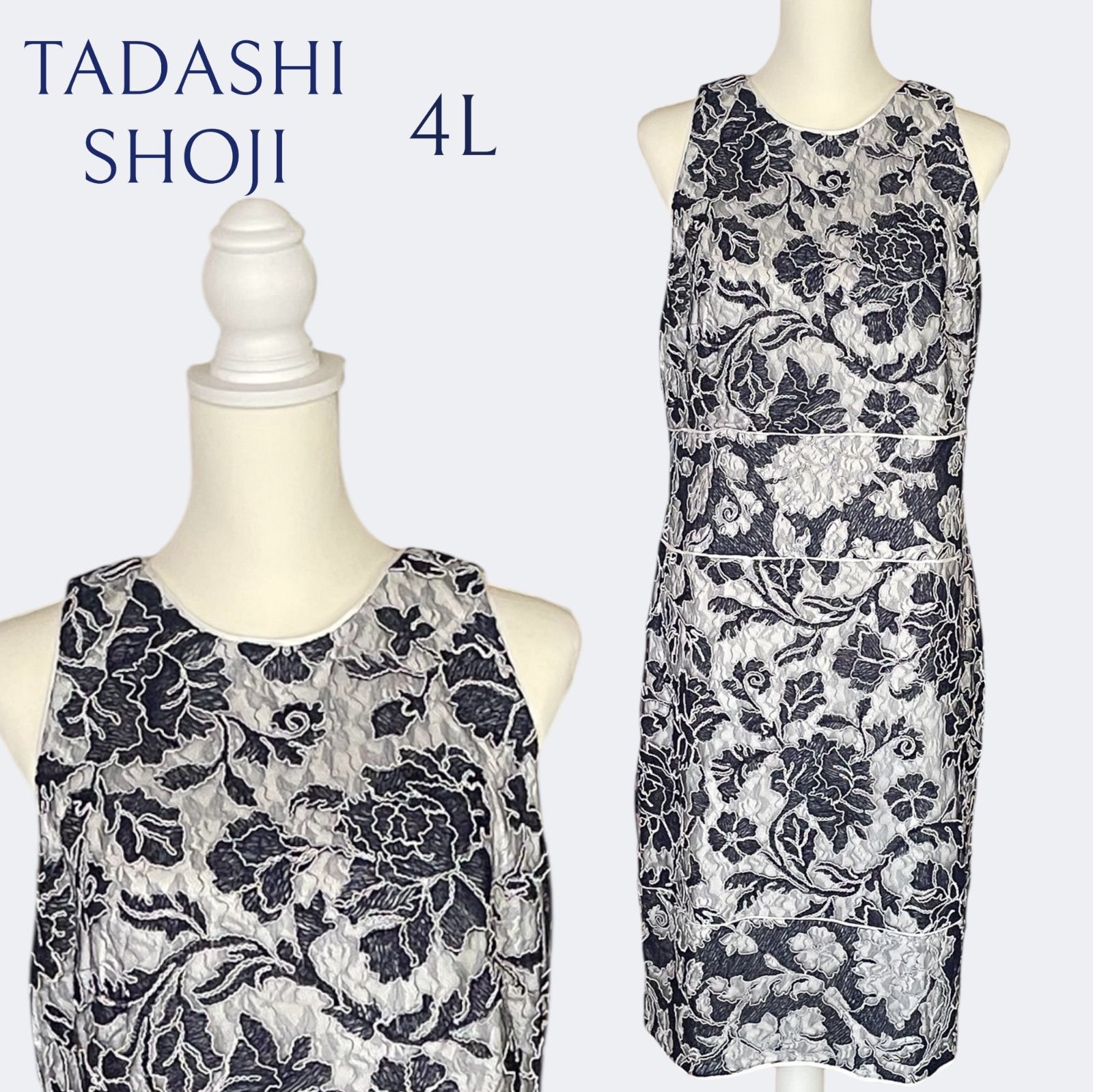 新品◇TADASHI SHOJI タダシショージ 上品ネイビーホワイトお花刺繍の 