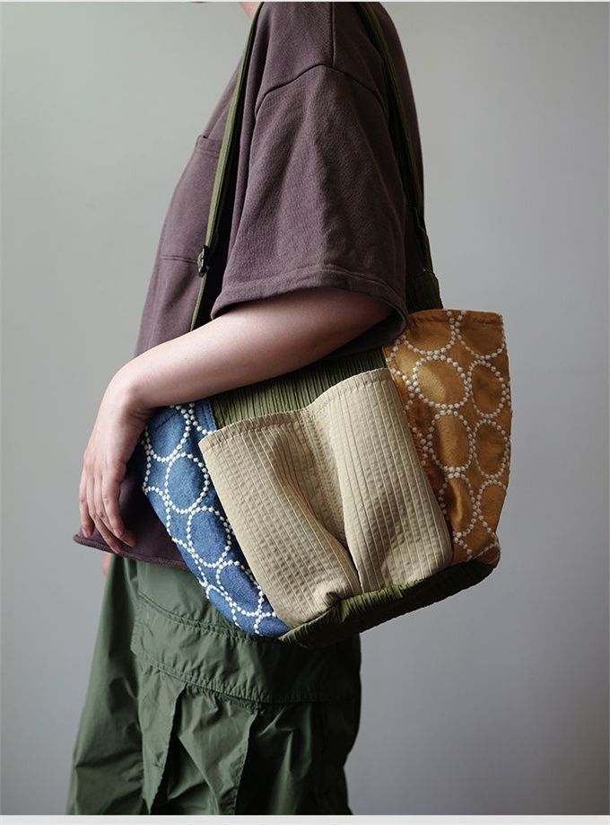 酒袋柿渋染め古布藍染め雪ん子絣格子木綿パッチワークトートバッグ