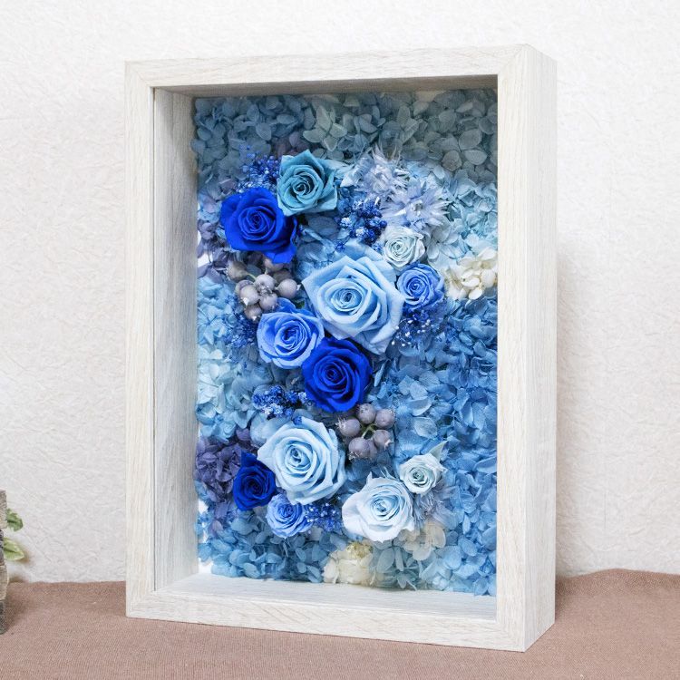 プリザーブドフラワー 額縁に入ったお花 心をこめて丁寧に作りました コバルトブルー