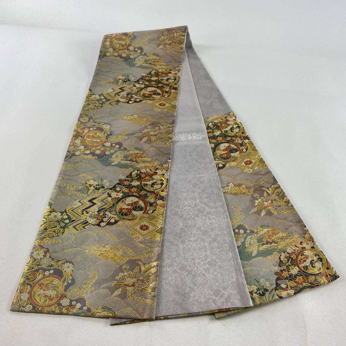 410my53◇水仙 蝶 花水木 タンポポ 金糸 六通 袋帯◇美品 正絹 全通袋帯《唐織 本金糸 総刺繍》【さが美】破水加工済み