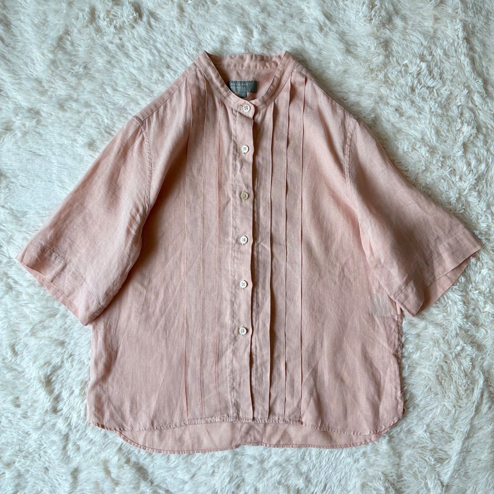 MHL. マーガレットハウエル リネンブレンド バンドカラー 半袖シャツ L Margaret Howell マーガレットハウエル 美品 リネン S/S シャツ
