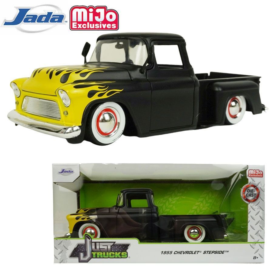 1|24 箱入り ミニカー JADA MIJO 1955 CHEVROLET STEPSIDE ジャダ ジェイダトイズ ミホ エクスクルーシブズ シボレー ステップサイド ピックアップトラップ ダイキャストカー ブラック 黒 ローライダー シェビー