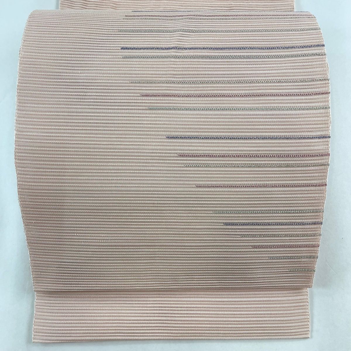 名古屋帯 秀品 八寸名古屋帯 松葉仕立て トンネル仕立て 夏帯 縞 銀糸 薄ピンク 正絹