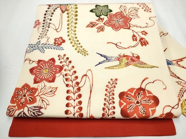 平和屋着物●九寸名古屋帯　紅型　花鳥文　鬼しぼ縮緬　正絹　逸品　CAAY9639hy 平和屋着物○九寸名古屋帯 紅型 花鳥文 鬼しぼ縮緬 正絹 逸品