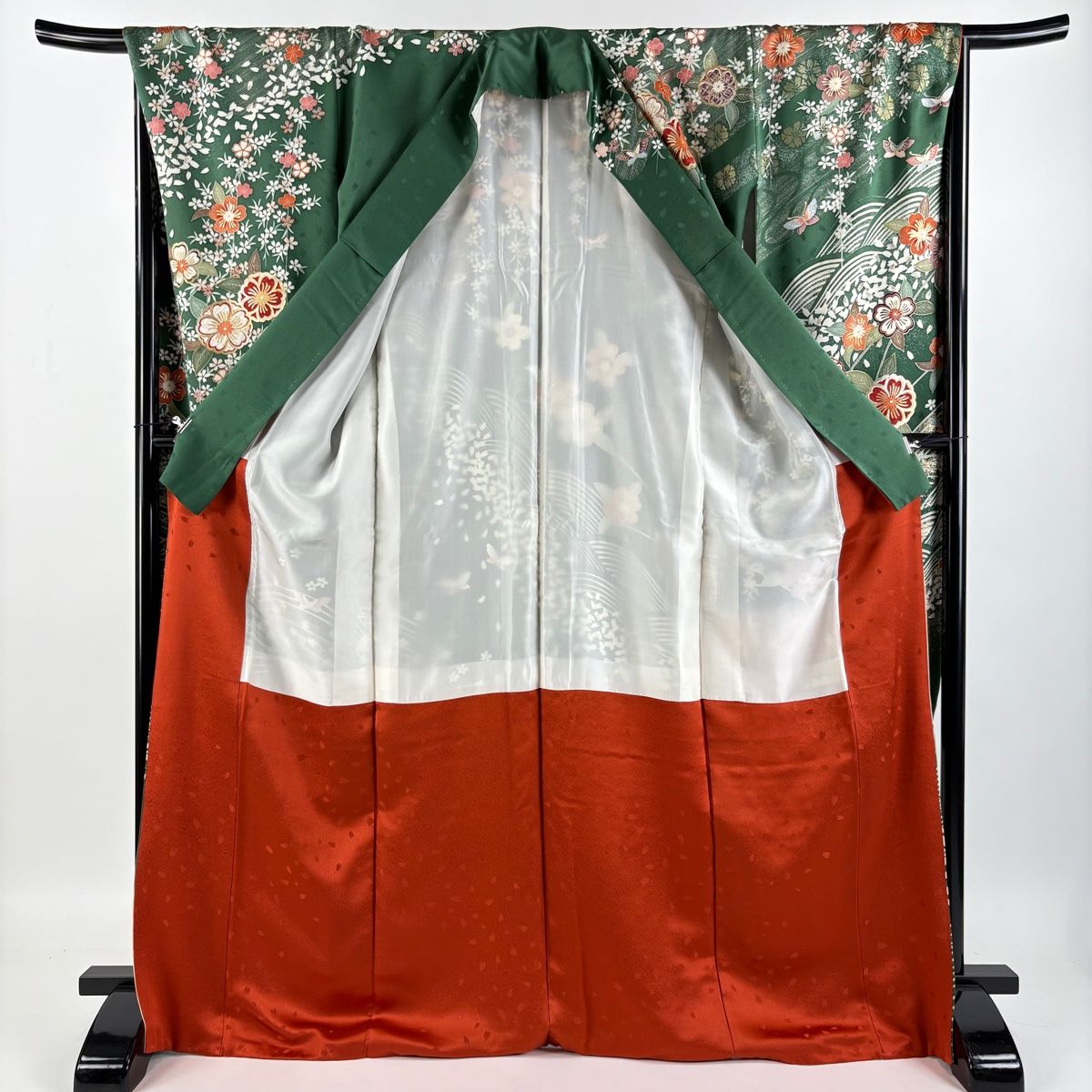 振袖 身丈172cm 裄丈68.5cm L 袷 蝶 桜 金糸 金銀彩 緑 正絹