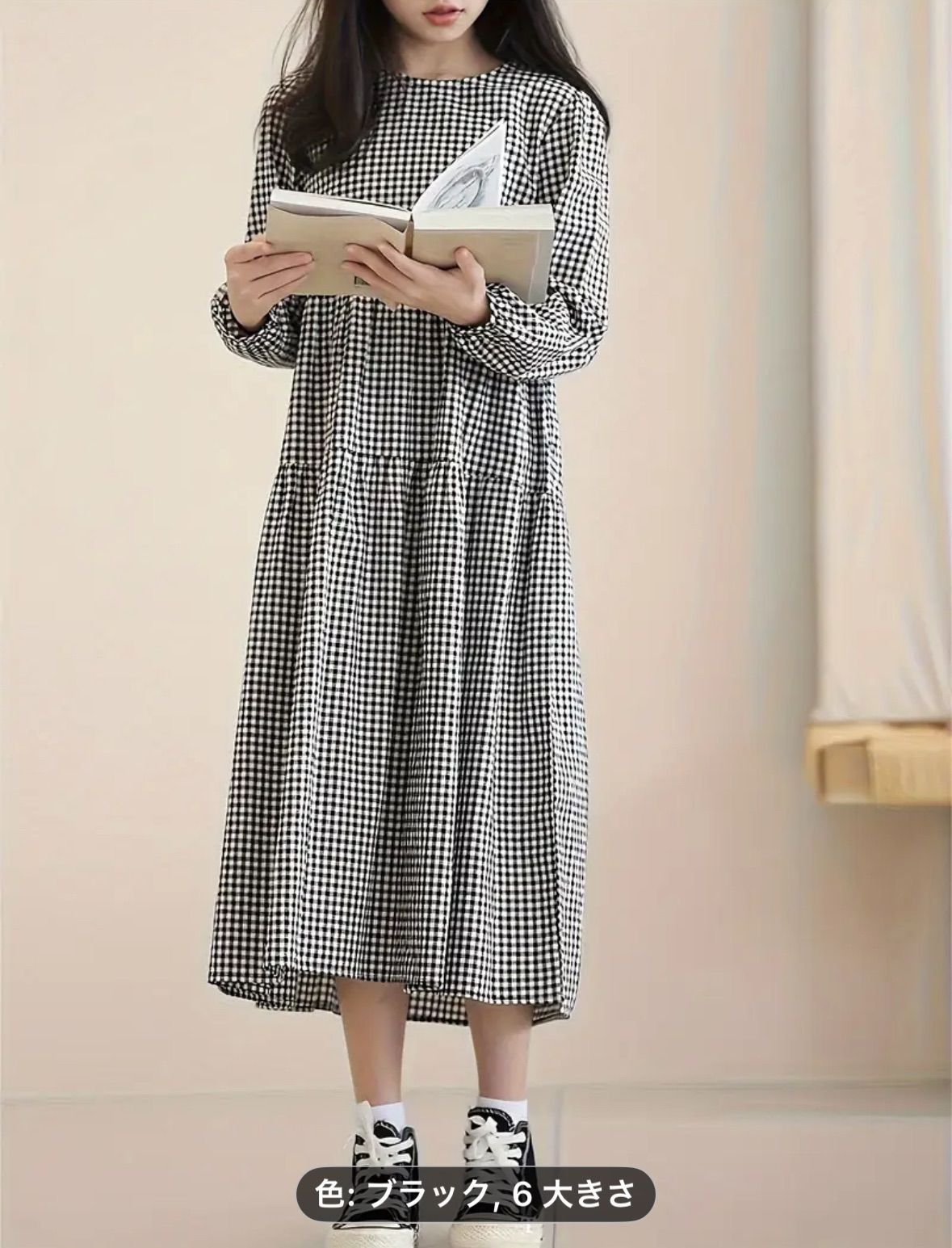 【2025年秋冬新作】長袖Aラインマキシワンピース（チェック柄） - ソフトウォッシュ生地、コットン100% ラウンドネック、フレア裾、レギュラーフィット。春・秋に最適　カジュアルスタイル