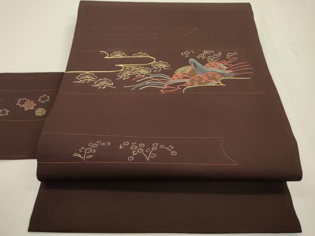 平和屋着物▽塩瀬 九寸名古屋帯 駒刺繍 総刺繍 女人文 金糸 黒