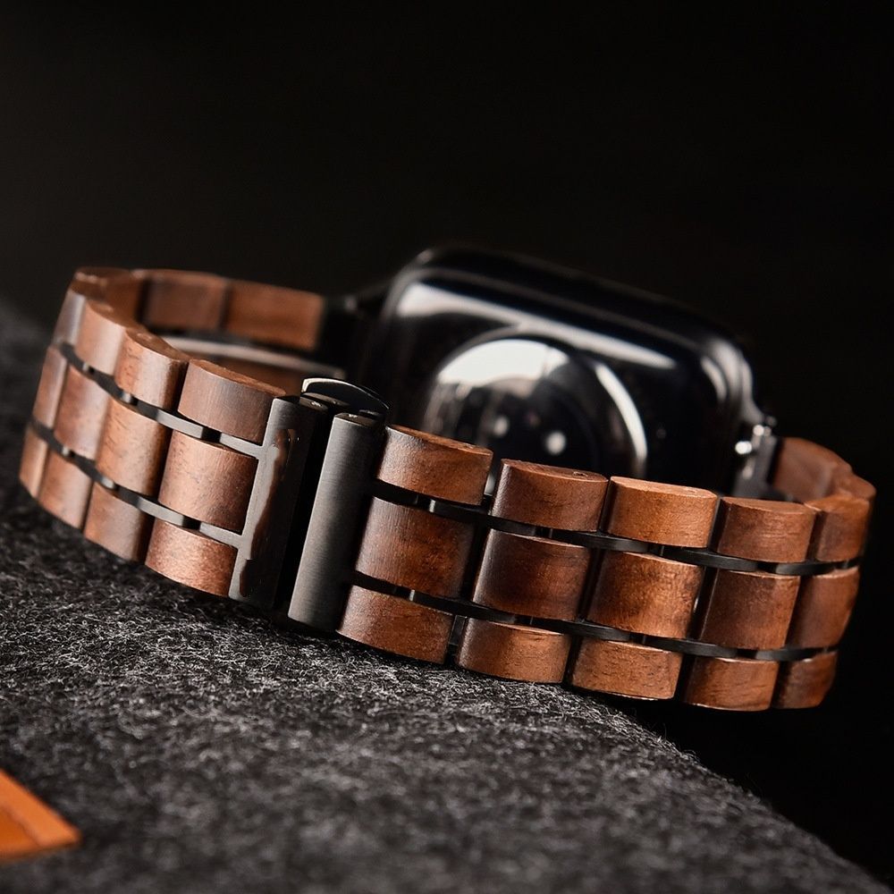 ストラップ アップルウォッチ対応 ウォールナット天然木 × ブラックステンレス バンド 手作り ハンドメイド メンズ レディース 交換ベルト Series 1〜8|SE対応 約39g 軽量 ウッドストラップ プレゼントに最適 SSP277