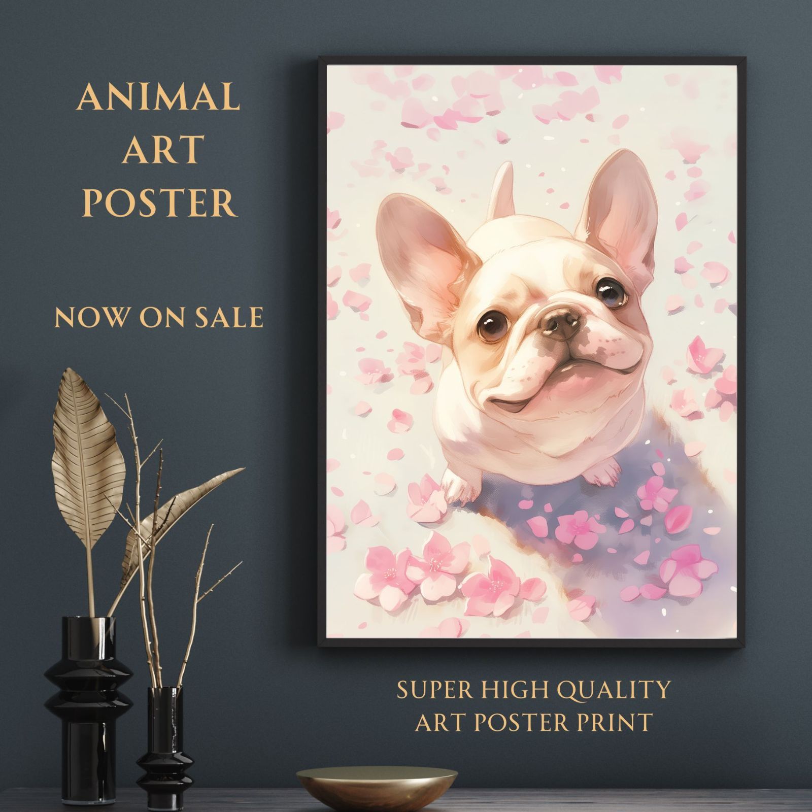 桜犬戯舞 - フレンチブルドッグ犬 No.2 桜 花見 春 花びら 子犬 ペットロス うちの子 記念日 アートポスター 犬の絵 犬のイラスト ギフト プレゼント