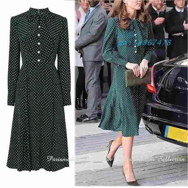 ドット柄ワンピース グリーン系 ひざ下丈 上品 りぼんタイ 長袖 通勤通学20代30代40代50代60代 大きいサイズ有 SからXXL pai5a867478