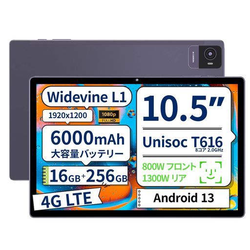 10.5”タブレット VETOOV10Maxアンドロイドタブレット10インチ 16GB 256GB 1TB拡張 WidevineL1Netflix対応 8コアCPUT616