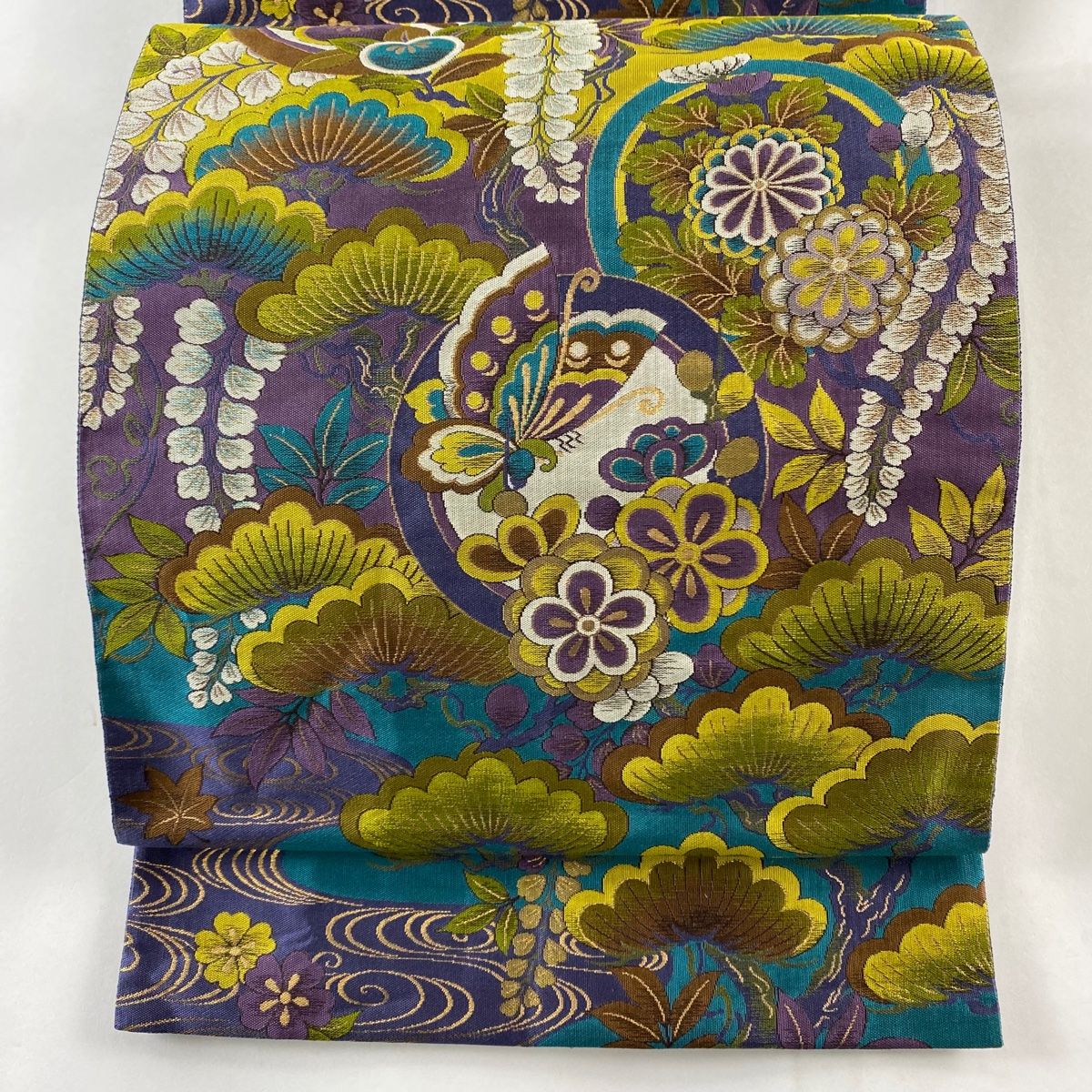 袋帯 名品 花井幸子 落款 花紹巴 笠松 蝶 箔 青紫 六通 正絹 【中古 
