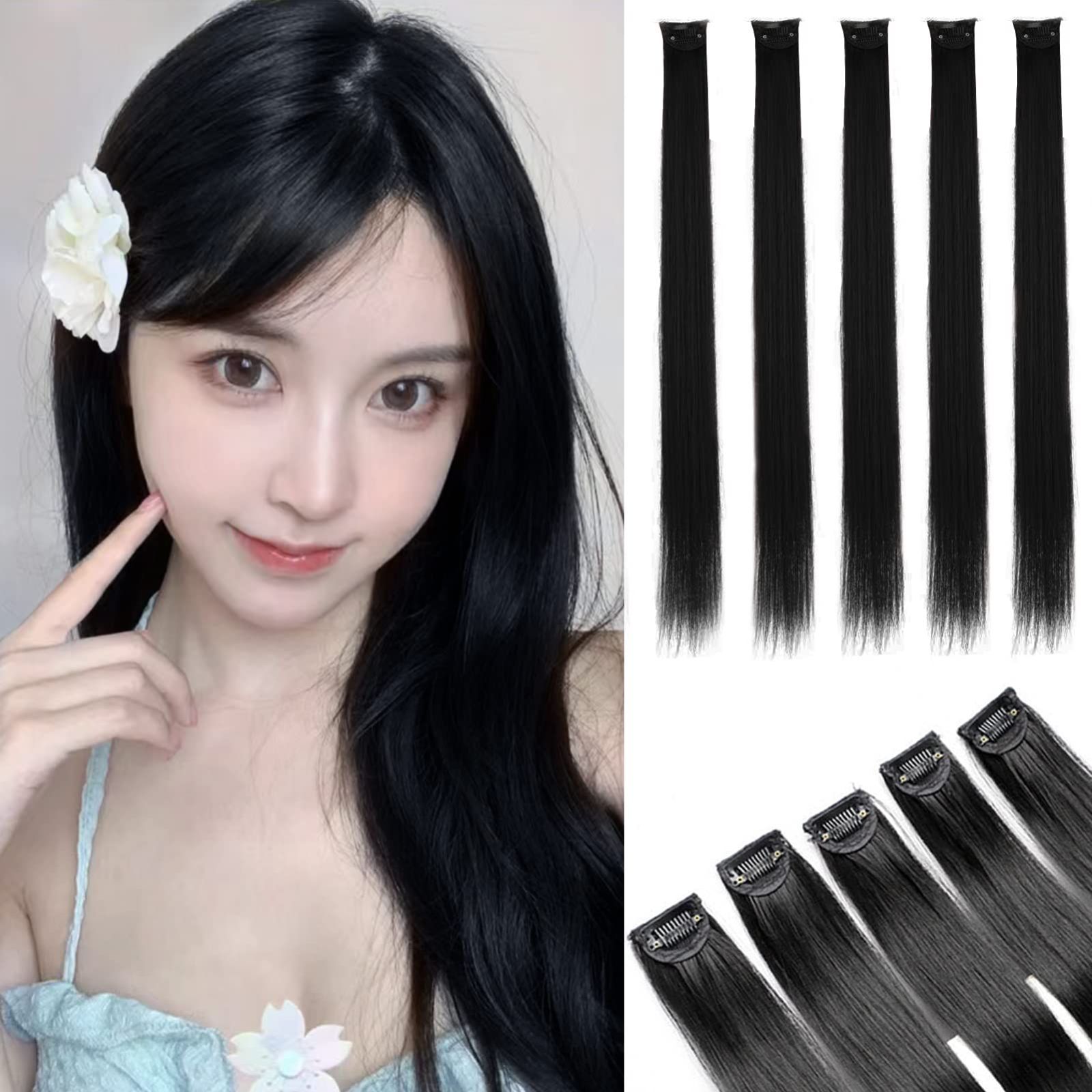 数量限定 簡単に取り付け（60cm、ブラック） 柔らかい 自然 extension hair ハーフウィッグ ワンタッチ ヘアエクステ パッチンエクステ かつらクリップ ウィッグ 部分ウィッグ 付け毛 5枚セット 6