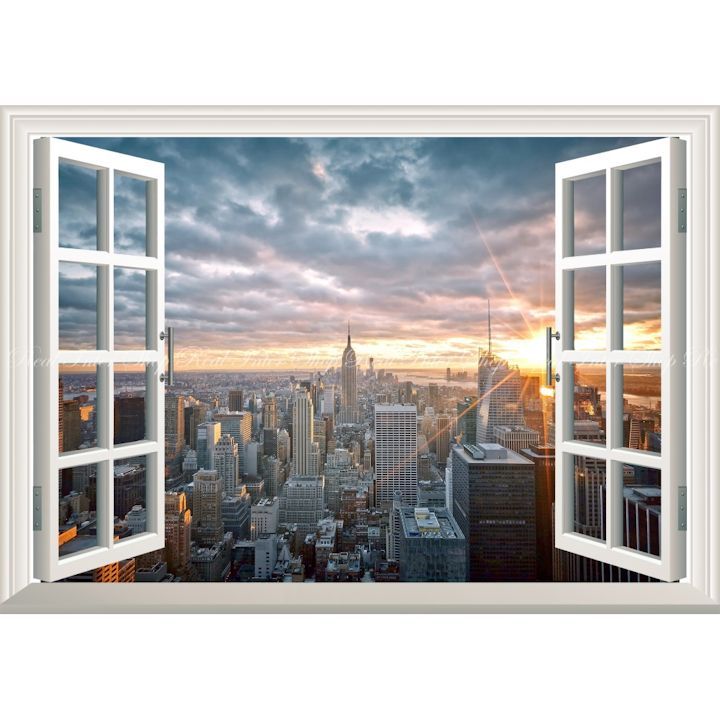 絵画風 壁紙ポスター (はがせるシール式) -窓の景色- 夜明けのニューヨーク マハッタンの朝陽 AT【窓仕様／トリックアート】 キャラクロ NYK-016MA1 (A1版 830mm×585mm) ＜日本製＞ ウォールステッ