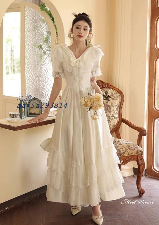 ウェディングドレス ロングドレス プリンセスドレス フリル レトロ Aラインドレス 半袖 前撮り 二次会 ブライダル 花嫁 ウエディングドレス 結婚式 サテン pai5a293814