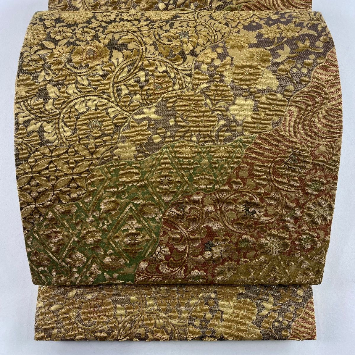 袋帯 美品 名品 輪奈織 花唐草 有職文様 金糸 箔 金色 六通 正絹